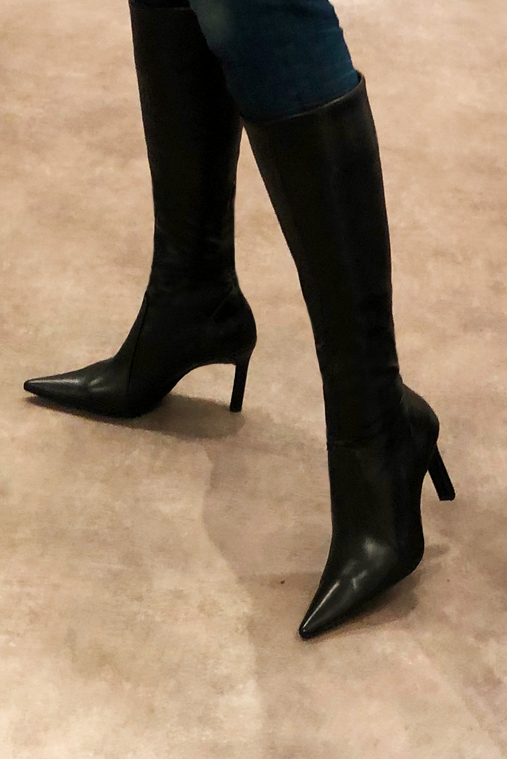 Satin black women's feminine knee-high boots. Pointed toe. Very high spool heels. Made to measure. Worn view - Florence KOOIJMAN